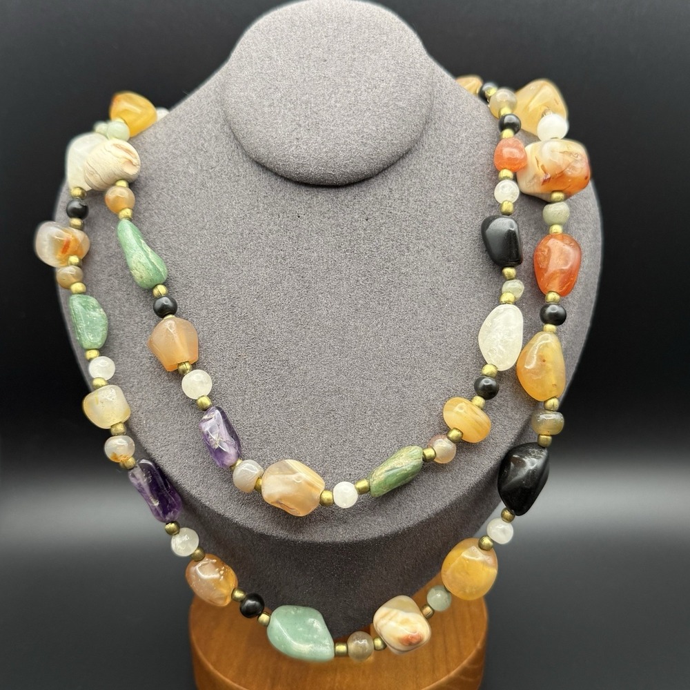 Vintage Polished Stone Nugget Beggars Bead Necklace Brass Spacer Mid Century 32"